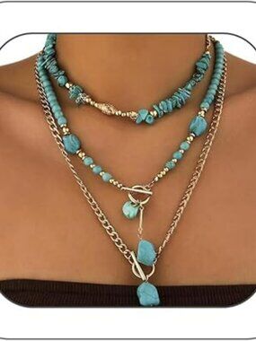 New - Boho Western Necklace Chunky Turquoise & Gold Beaded Multi Layered Jewelry